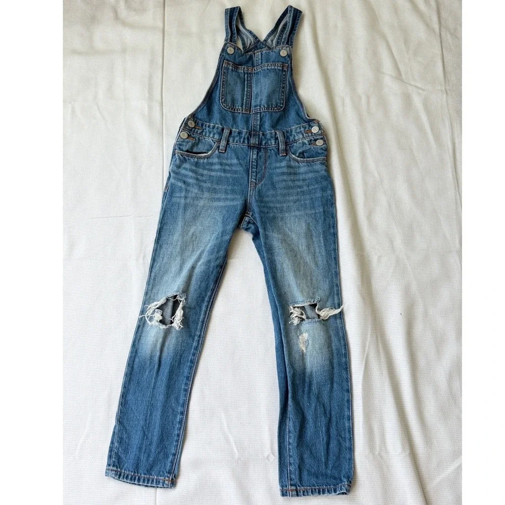 Old Navy Girls Distressed Denim Overalls Medium Wash Ripped Knee Size M 8